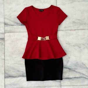 90s VTG B Famous Peplum Dress Belted Red Black V Neck Womens M Office Retro USA